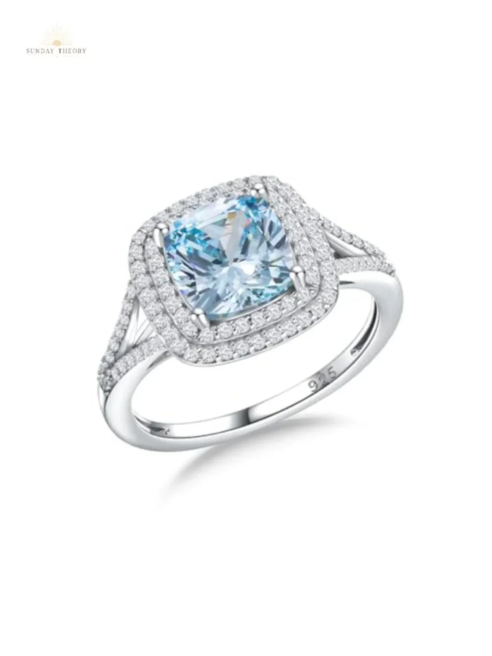 925 Sterling Silver Created Aquamarine Double Halo Engagement Ring Size 6-10